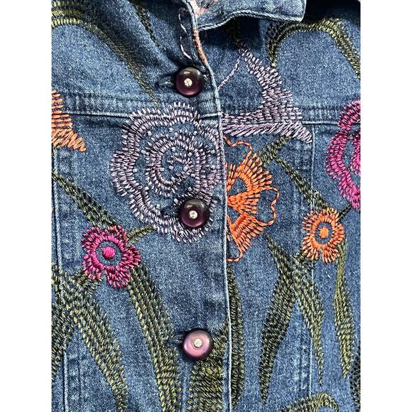 VTG Ann Trinity Linen Blend Denim Jacket Size Large Floral Embroidered Beaded - Picture 4 of 9